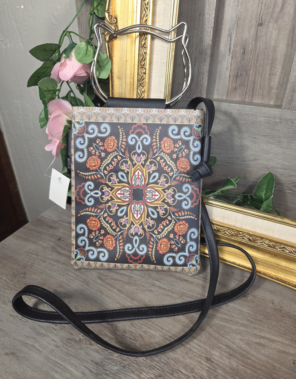 Cat Handle Crossbody Purse Floral Mandala Print Faux Leather Shoulder Bag